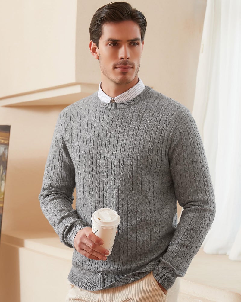 Kallspin Men's Cable Knit Crewneck Sweater Pullovers Wool Blend Relax Fit Knitwear (Light Grey, Large) - Image 3